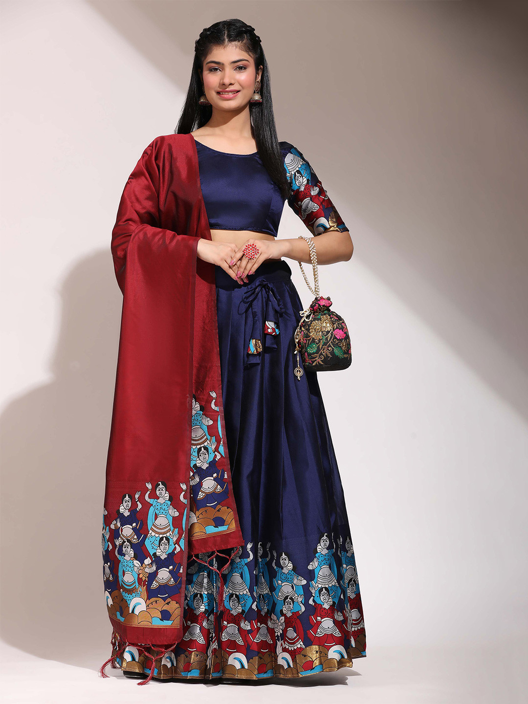 

Payu Printed Semi-Stitched Lehenga & Unstitched Blouse With Dupatta, Navy blue
