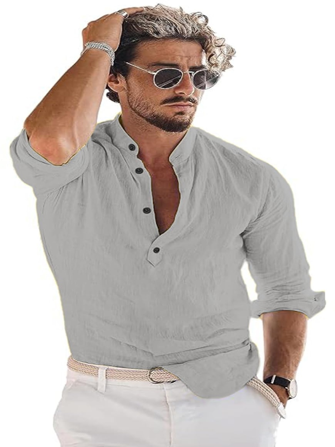 

EdinWolf Slim Fit Mandarin Collar Cotton Straight Short Kurta, Grey