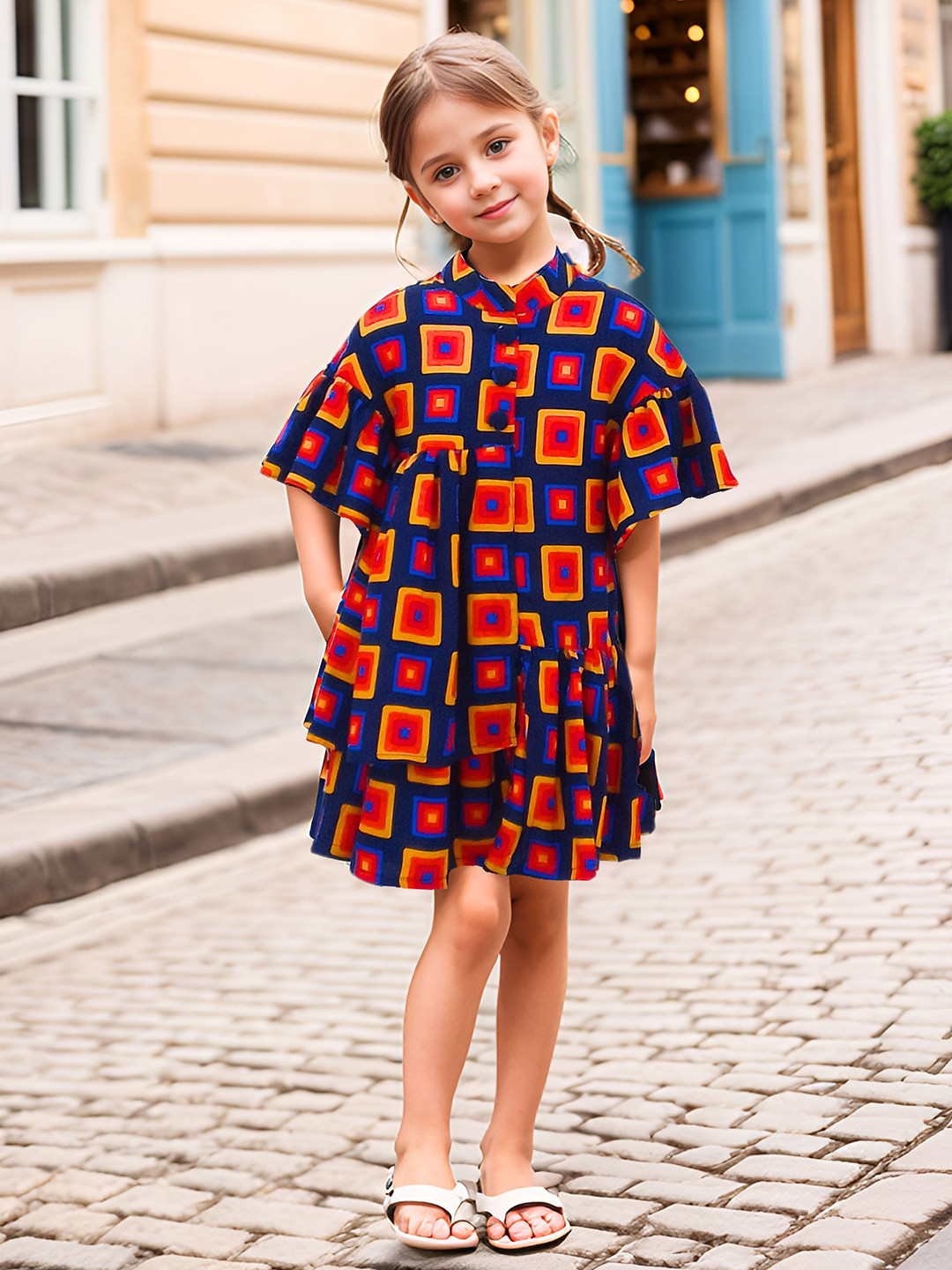 

Safehugs Colourblocked Print Flared Sleeve A-Line Dress, Blue