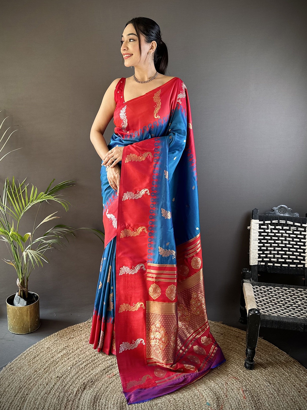 

Panzora Woven Design Zari Silk Blend Banarasi Saree, Blue