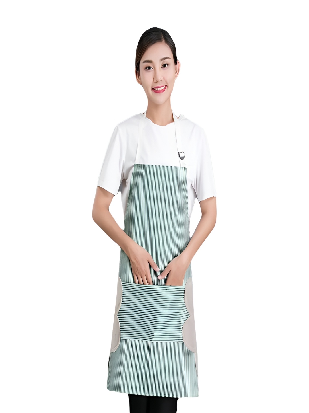 

YELONA Green & White Striped Kitchen Waterproof Apron