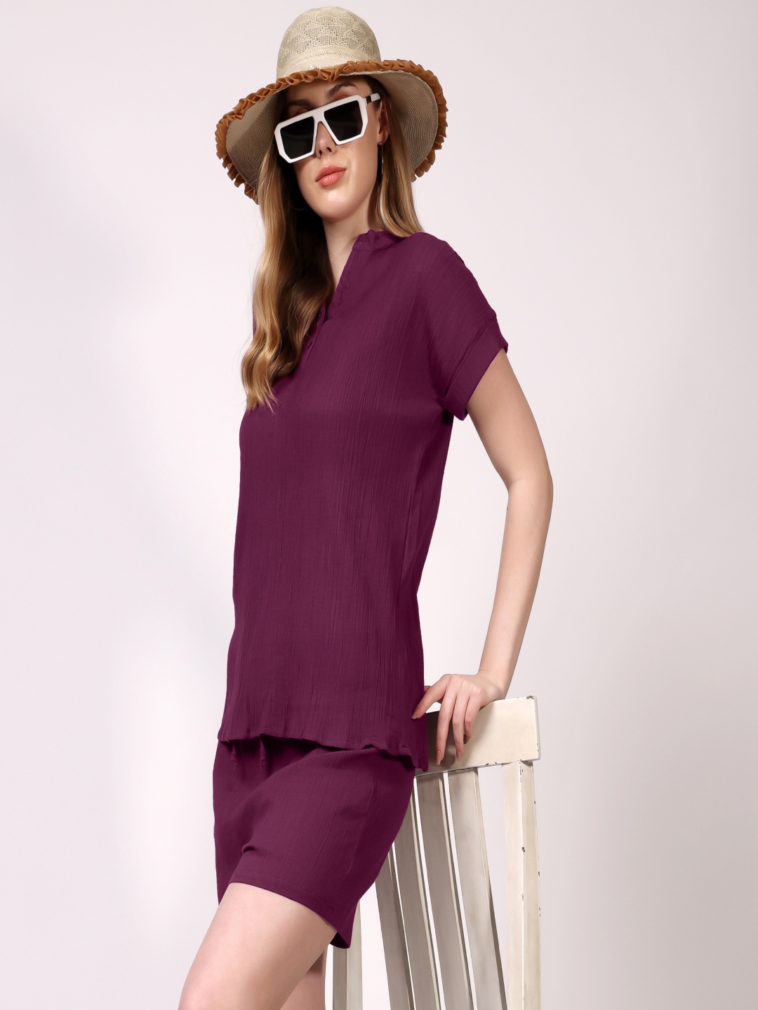 

London Hills Mandarin Collar Pure Cotton Top With Shorts, Burgundy