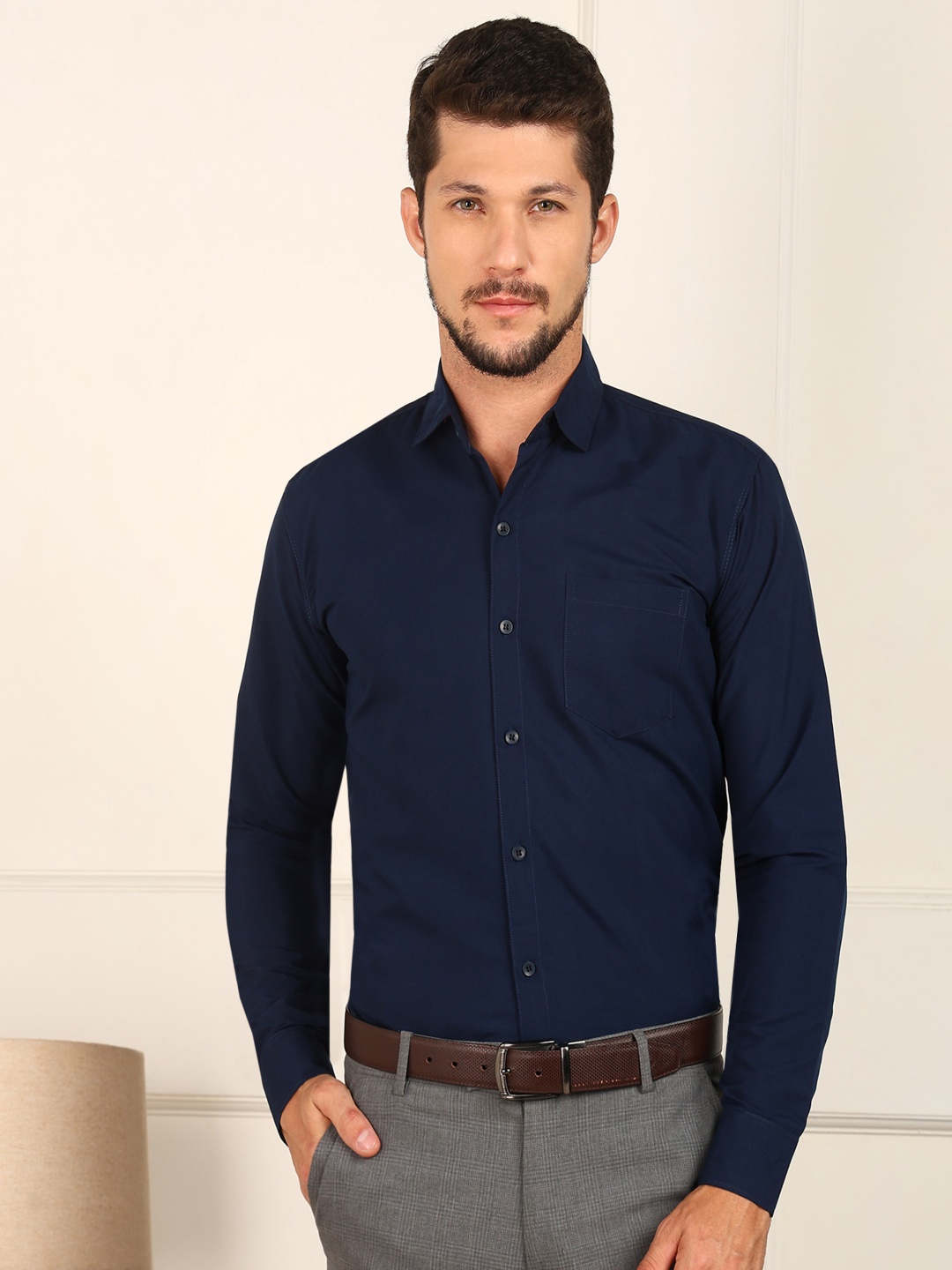 

PulseIQ Men Slim Fit Opaque Formal Shirt, Navy blue