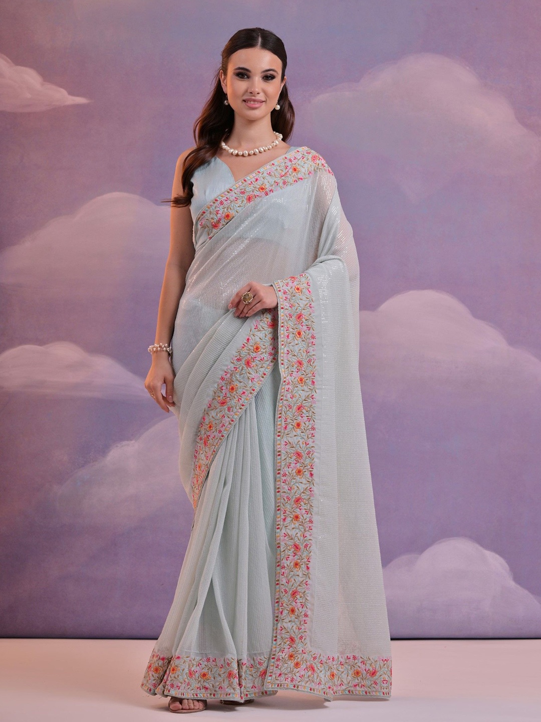 

Rangtulika Ethnics Embellished Embroidered Pure Georgette Saree, Blue