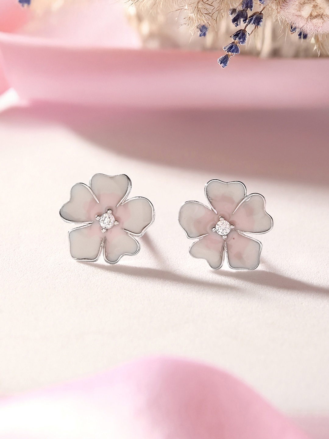 

SARAF SILVERETZ 925 Sterling Silver-Plated Zircon Studded Floral Shaped Studs