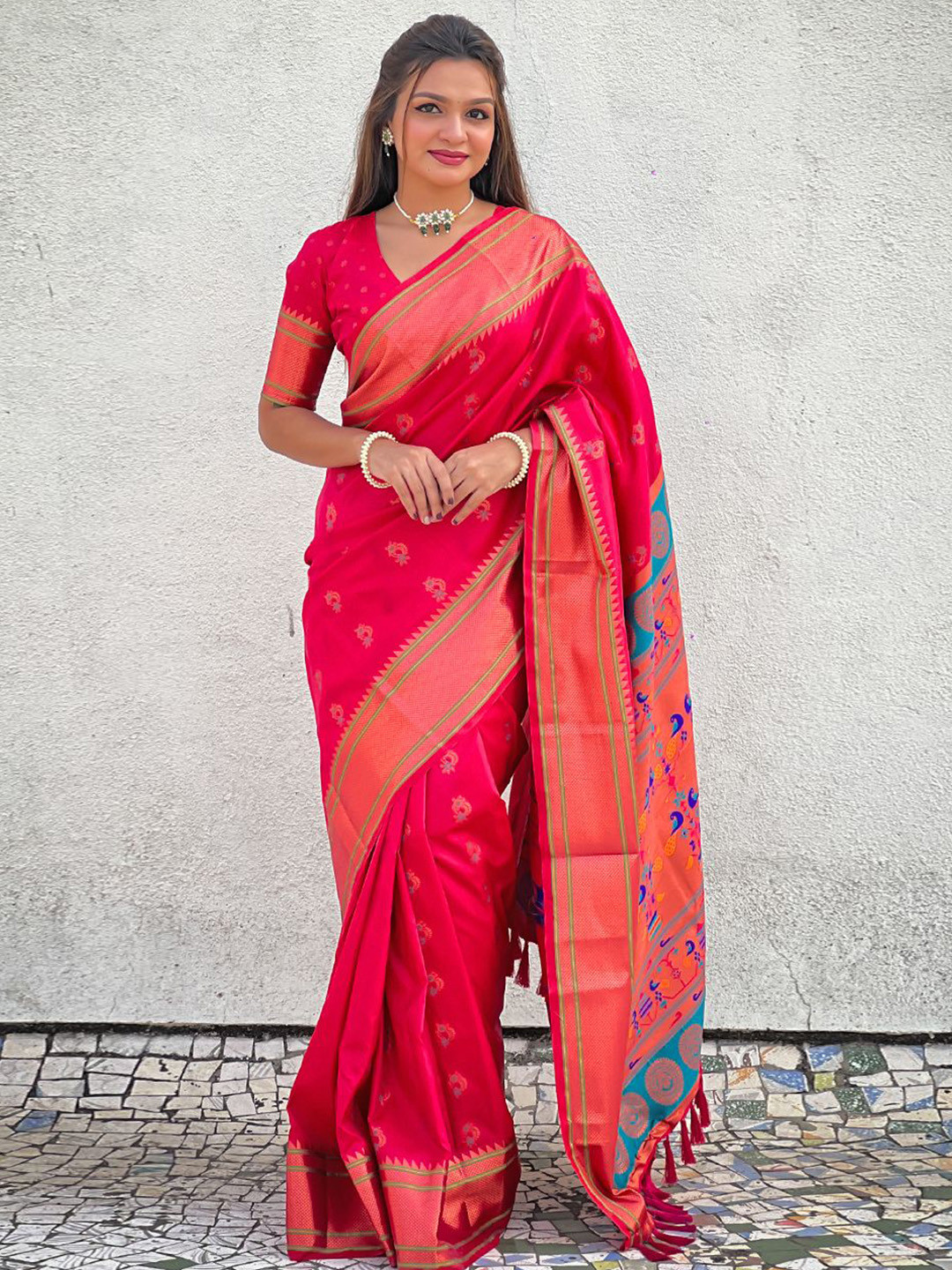 

all about you Woven Design Zari Silk Blend Paithani Saree, Pink