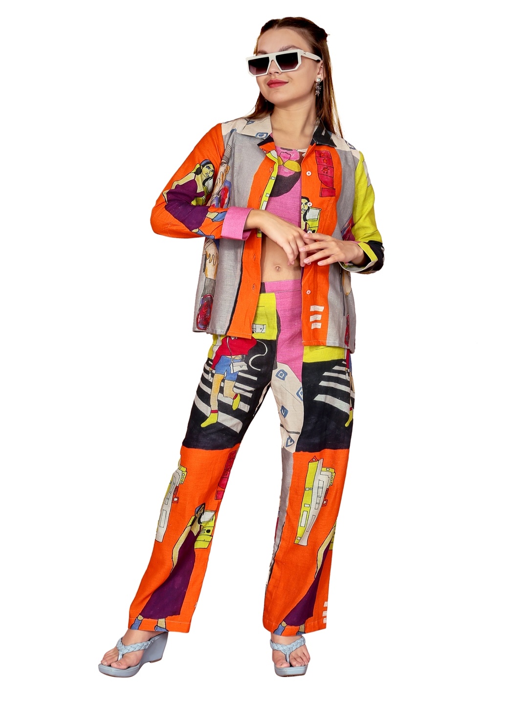 

Kaajal by Vidhi Printed Top Shirt With Trousers Co-Ords, Orange