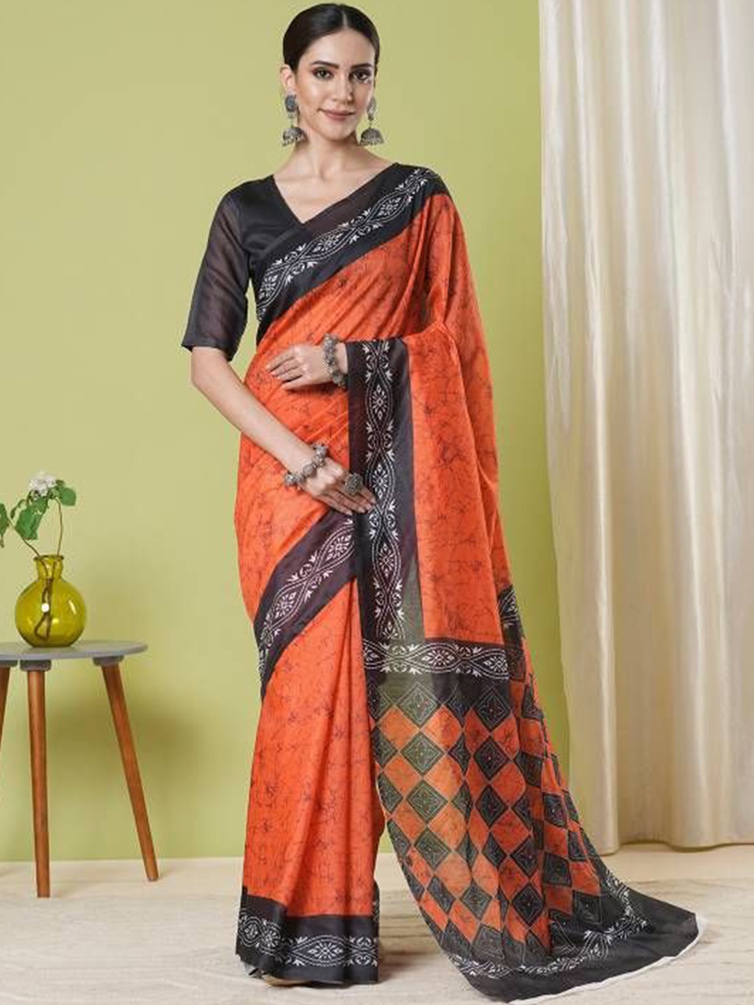 

HERE&NOW Floral Silk Cotton Chanderi Saree, Orange