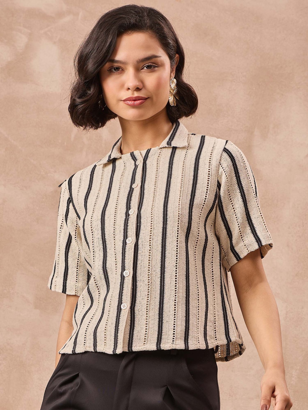 

all about you Women Semi Sheer Striped Casual Shirt, Black