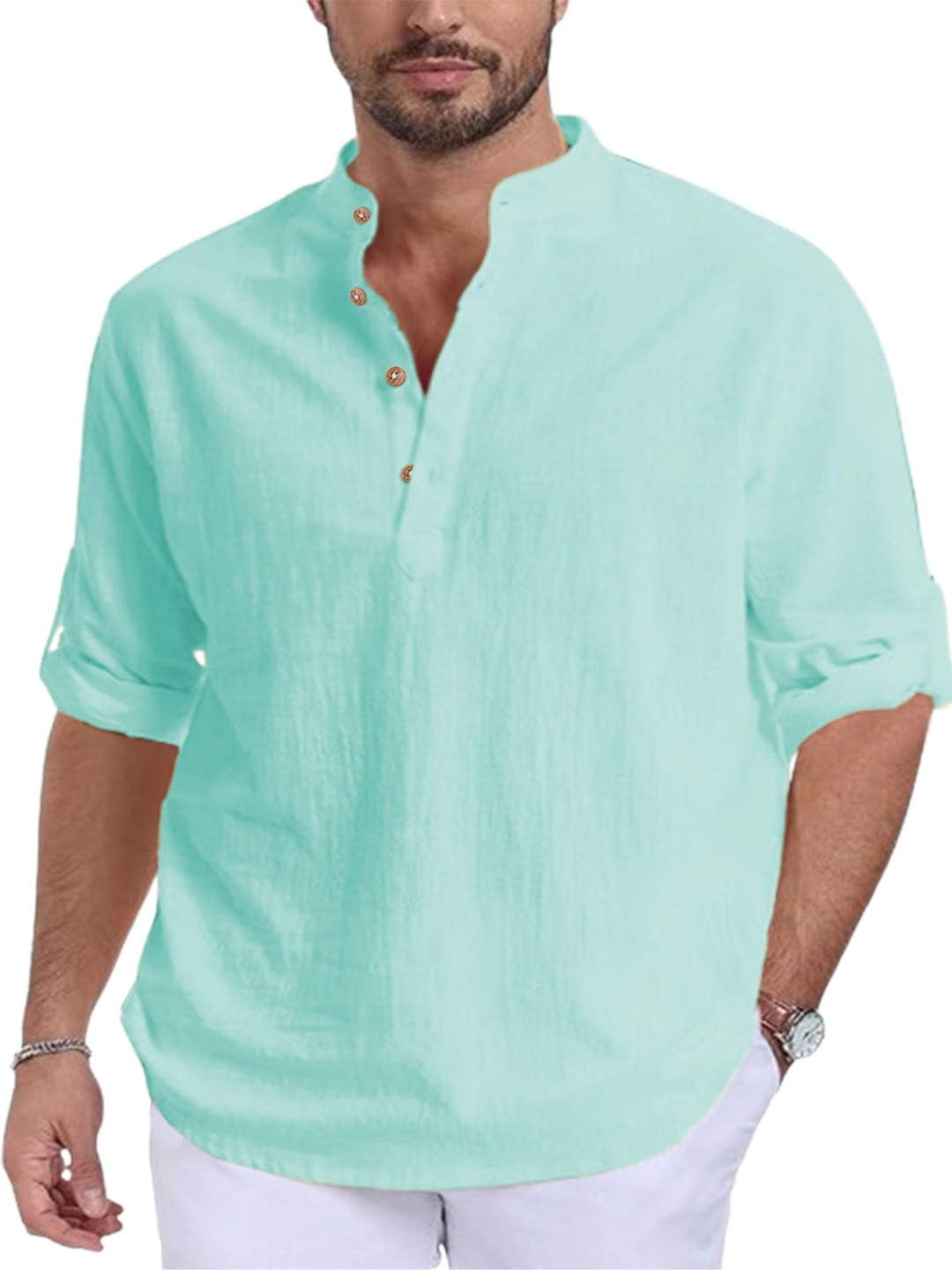 

EdinWolf Band Collar Cotton Straight Kurta, Lime green
