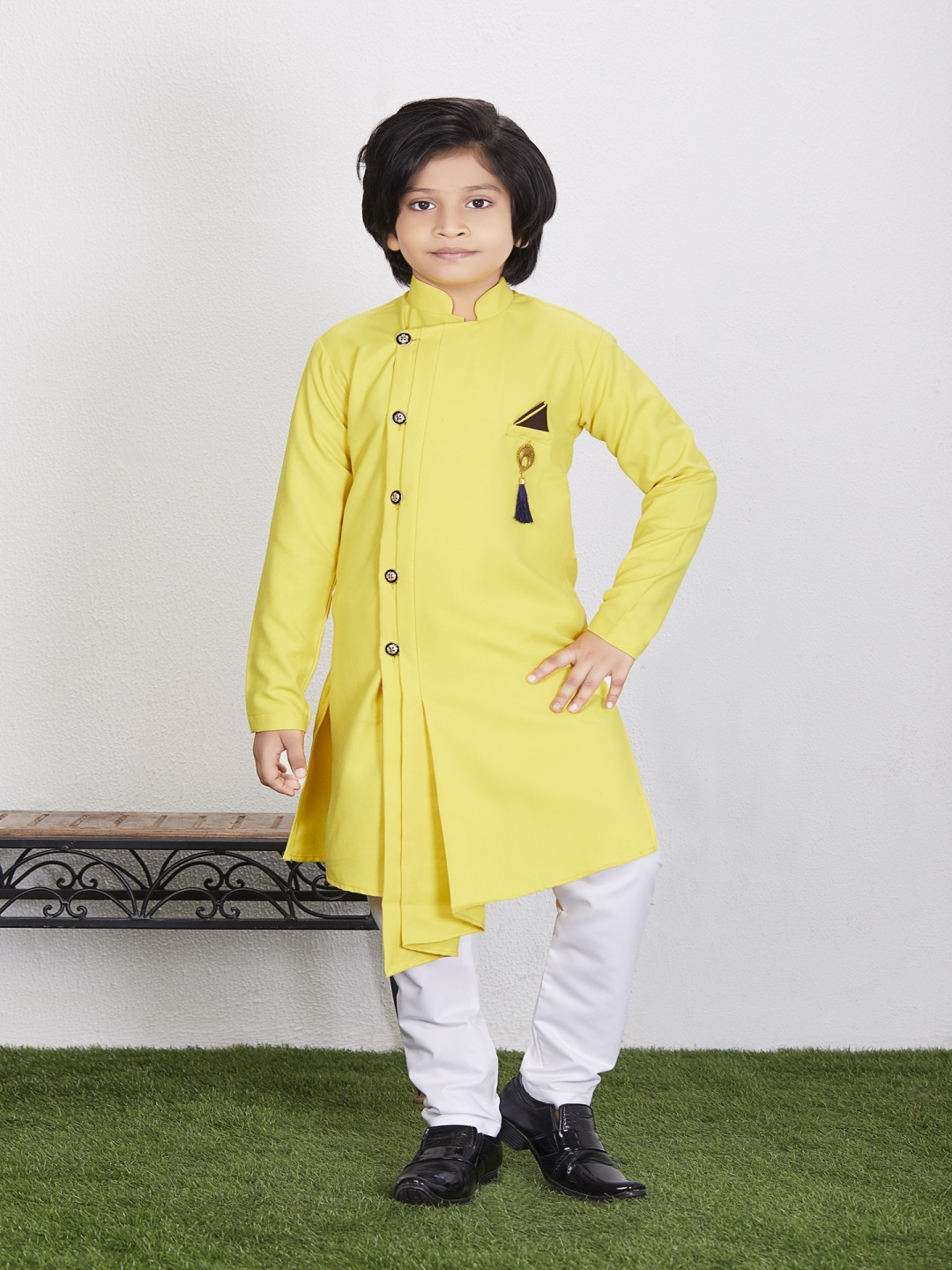 

NOYYAL Boys High Slit Pure Cotton Kurta with Churidar, Yellow