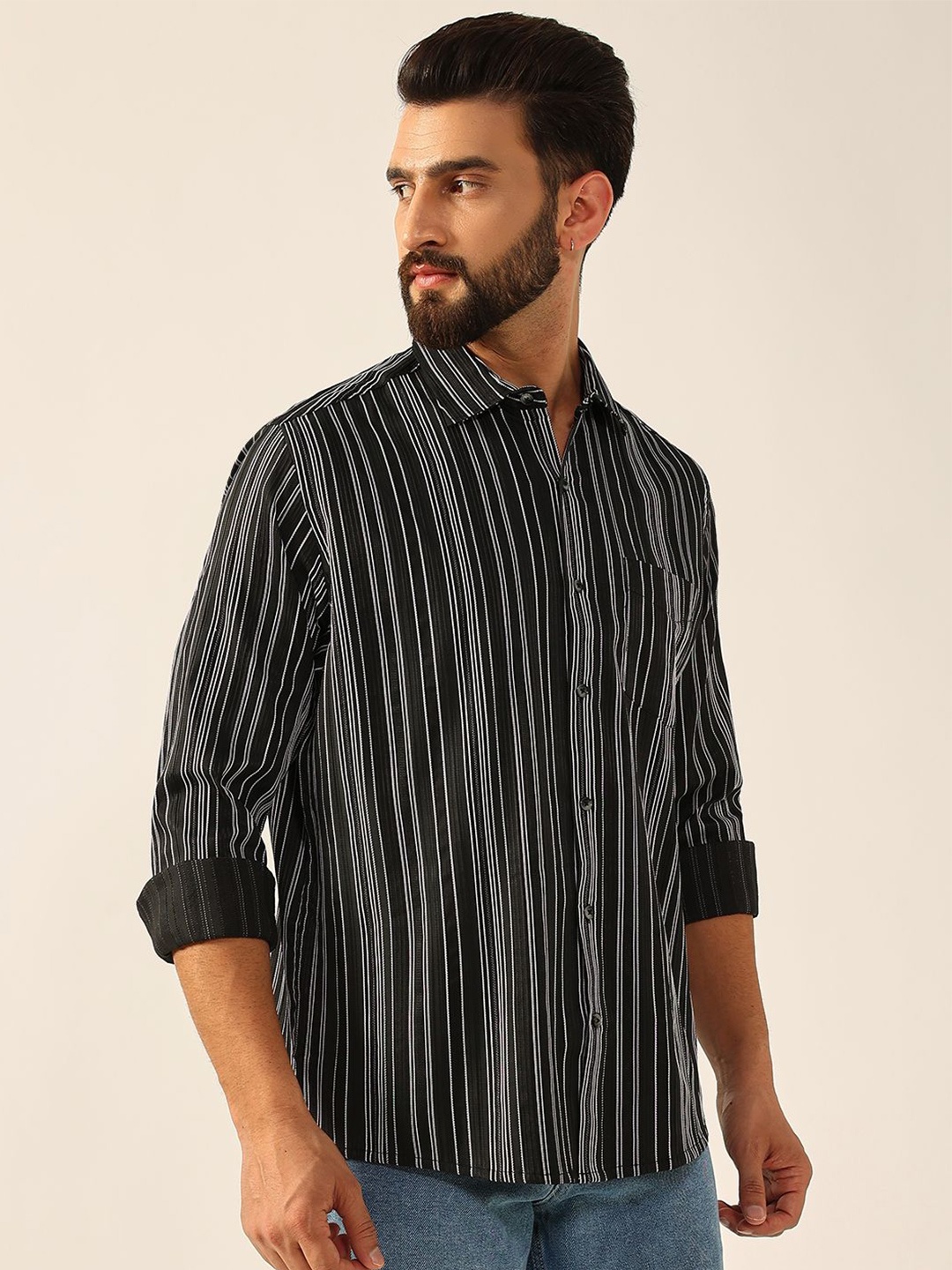 

ENSPYR Men Opaque Striped Casual Shirt, Black