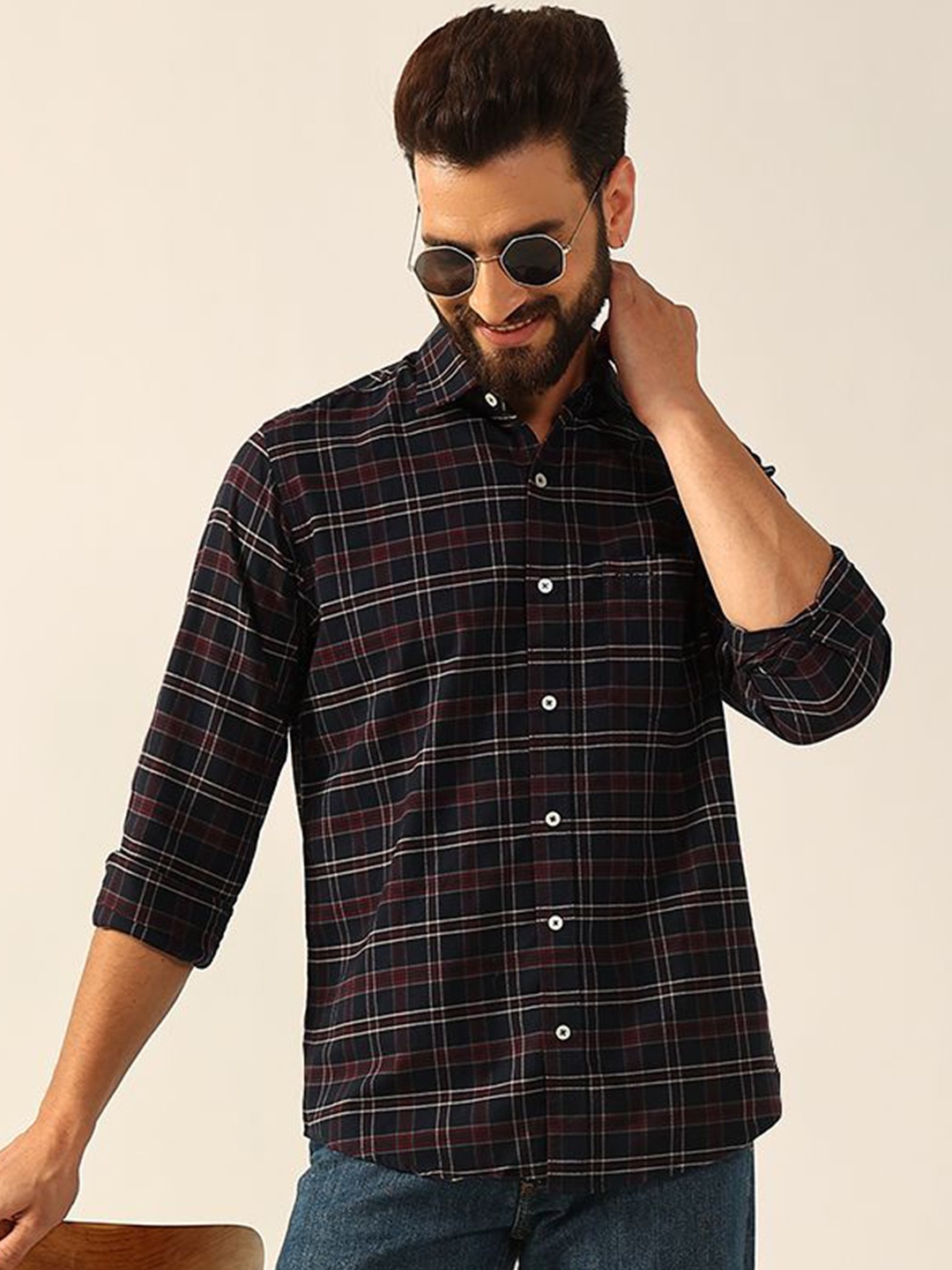 

ENSPYR Men Opaque Checked Casual Shirt, Navy blue