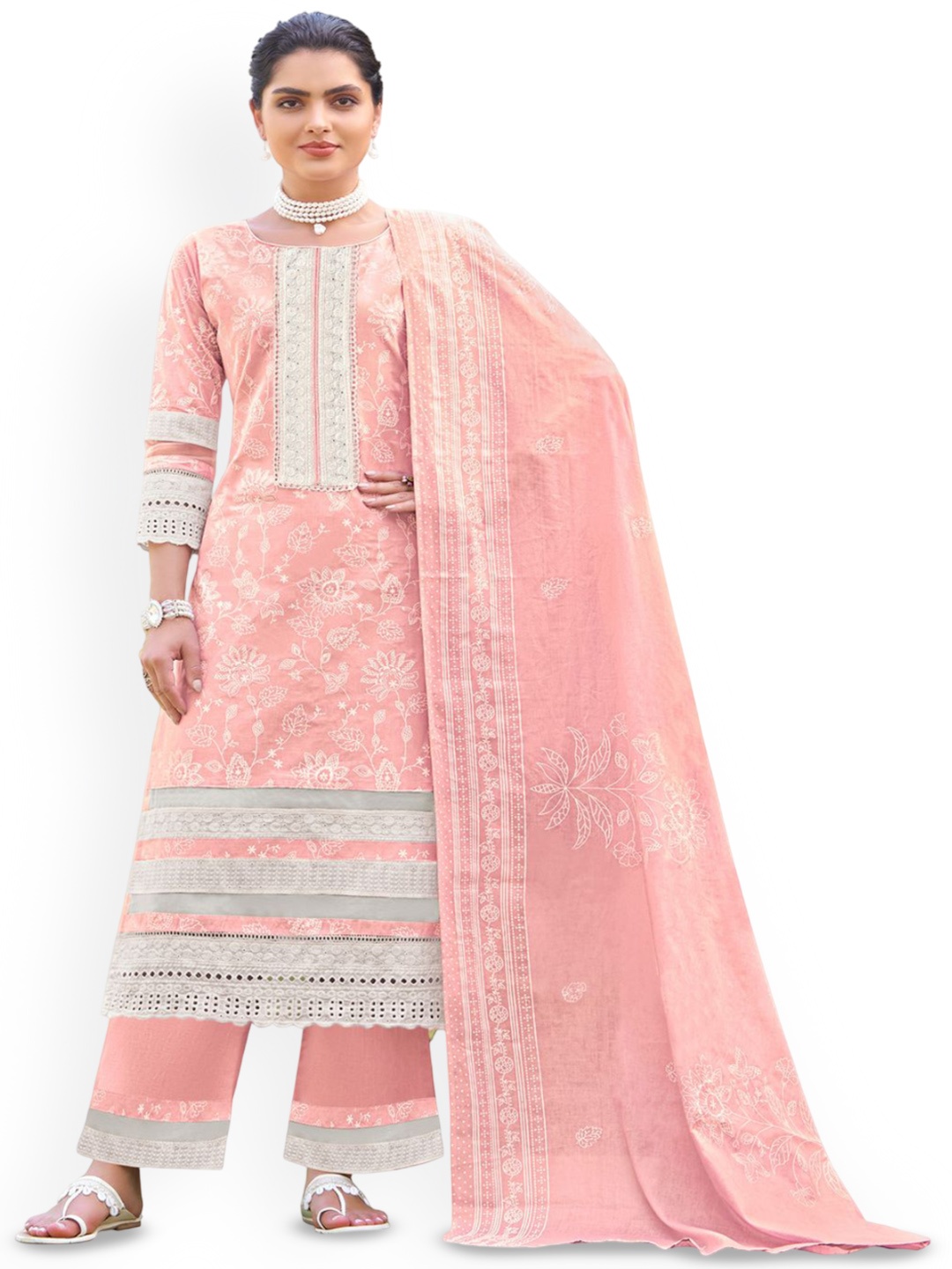 

DRAVINAM Trends Embellished Pure Cotton Unstitched Dress Material, Peach