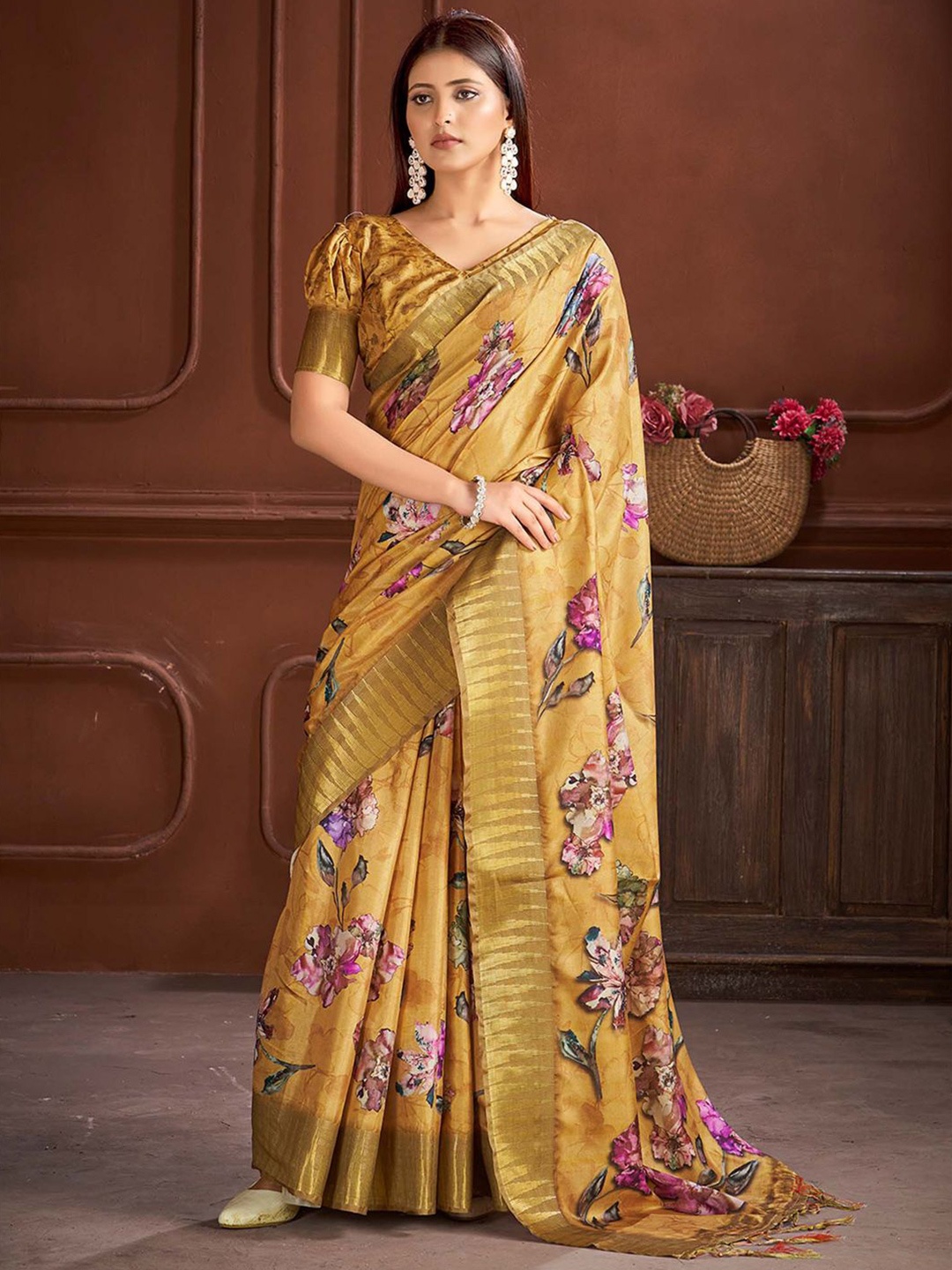 

Saree mall Floral Zari Silk Blend Sungudi Sarees, Mustard