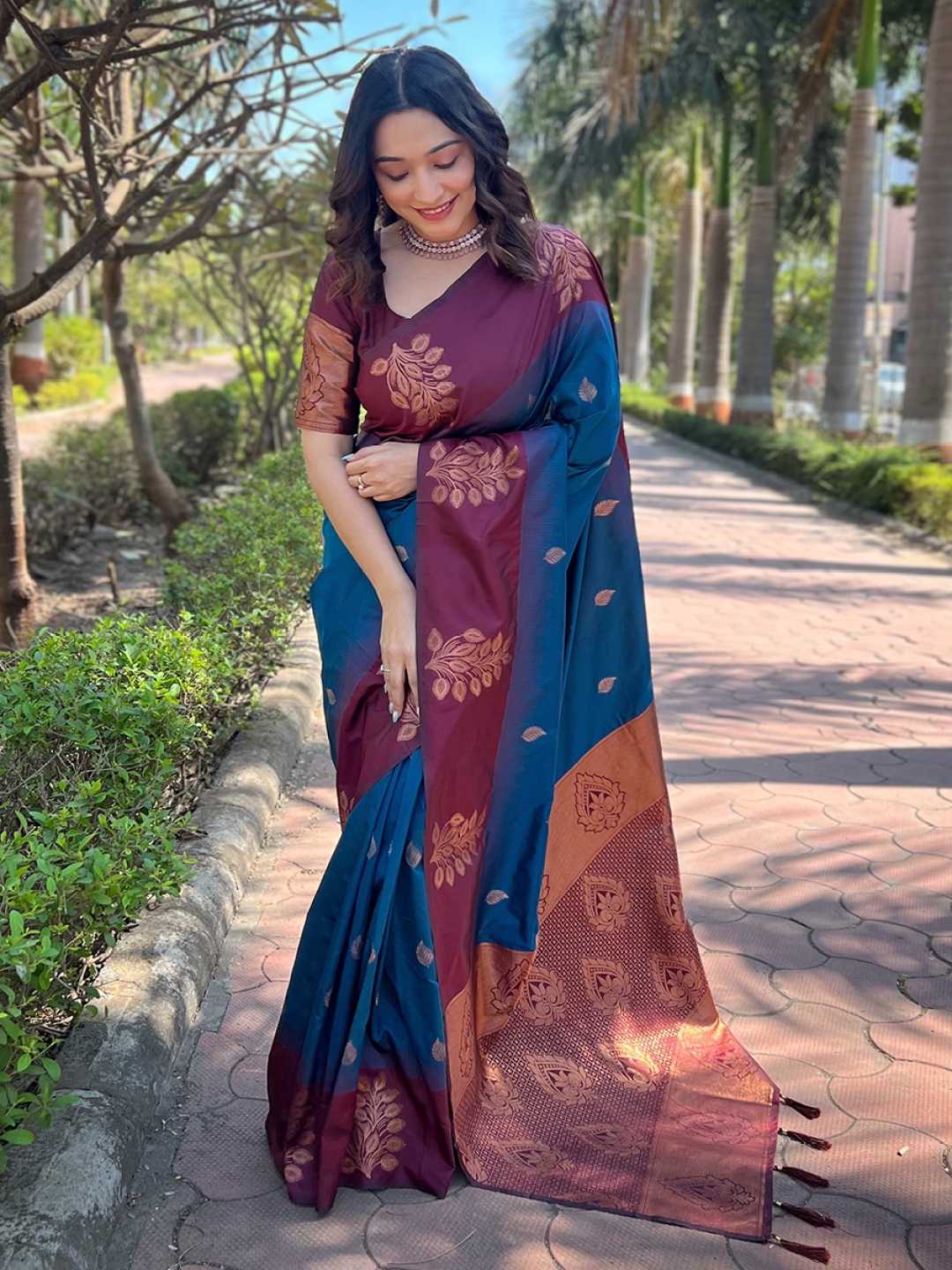 

all about you Woven Design Zari Silk Blend Banarasi Saree, Blue