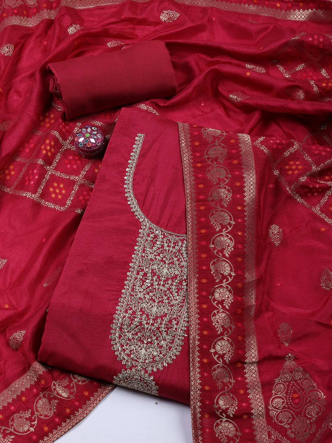 

Meena Bazaar Embroidered Art Silk Unstitched Dress Material, Magenta