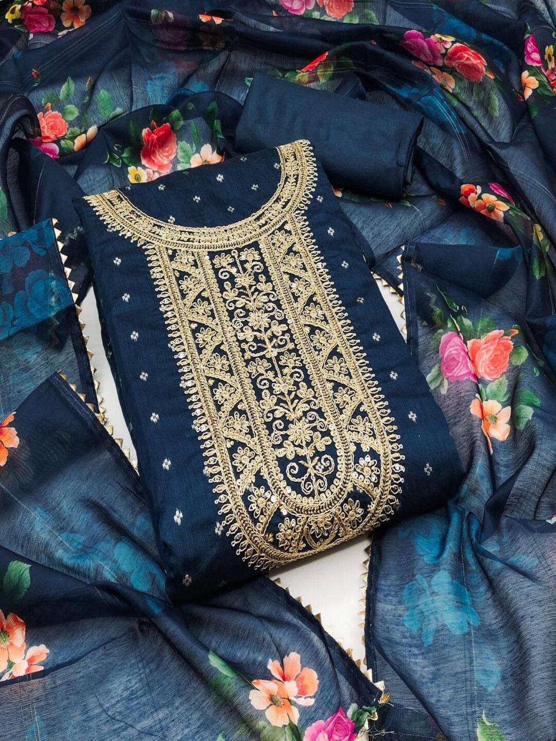 

REALLTREND Floral Embroidered Sequinned Unstitched Dress Material, Navy blue