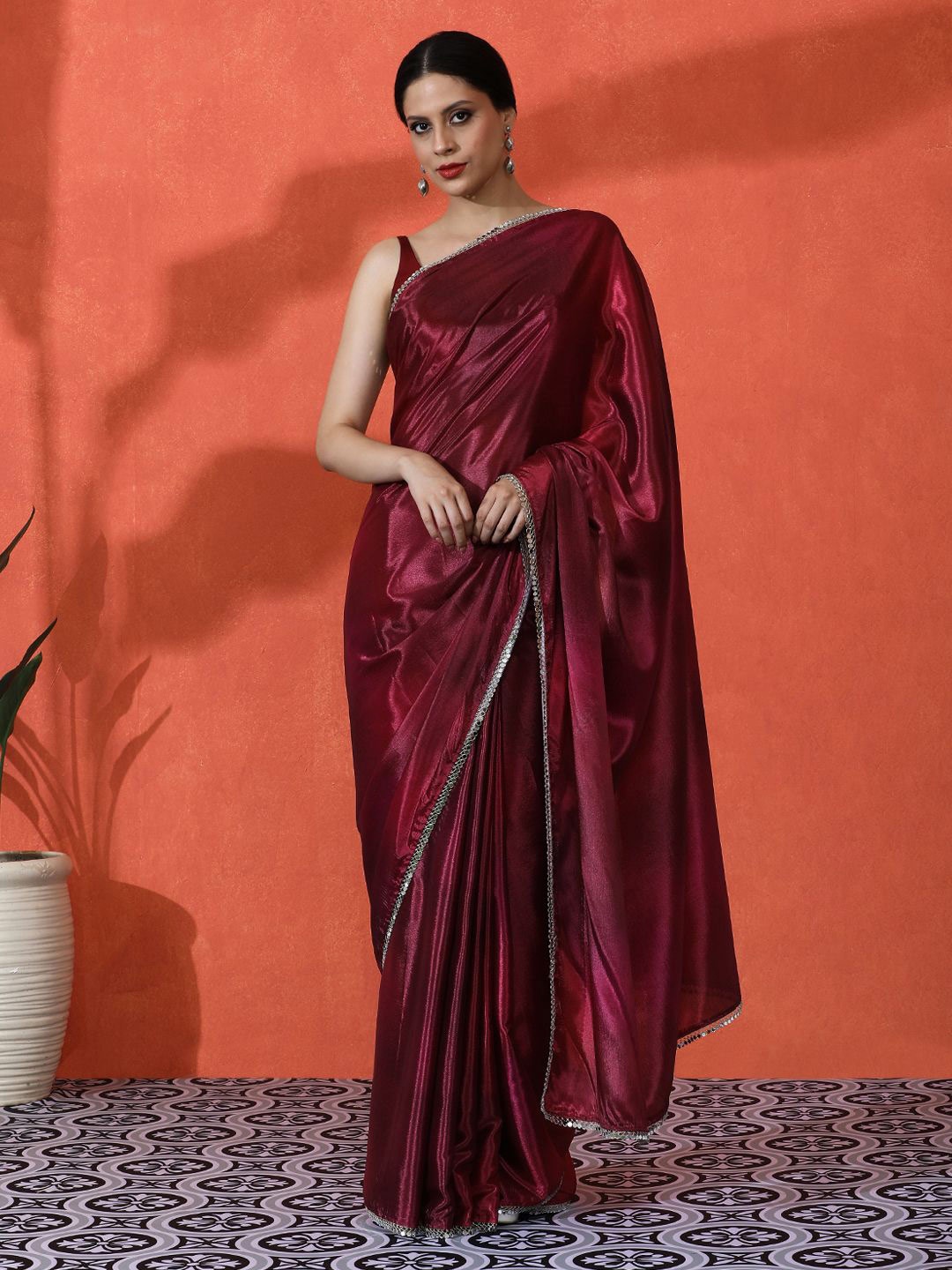 

Sangria Mirror Work Floral Printed Digital Printed Satin Saree With Blouse Piece, Maroon