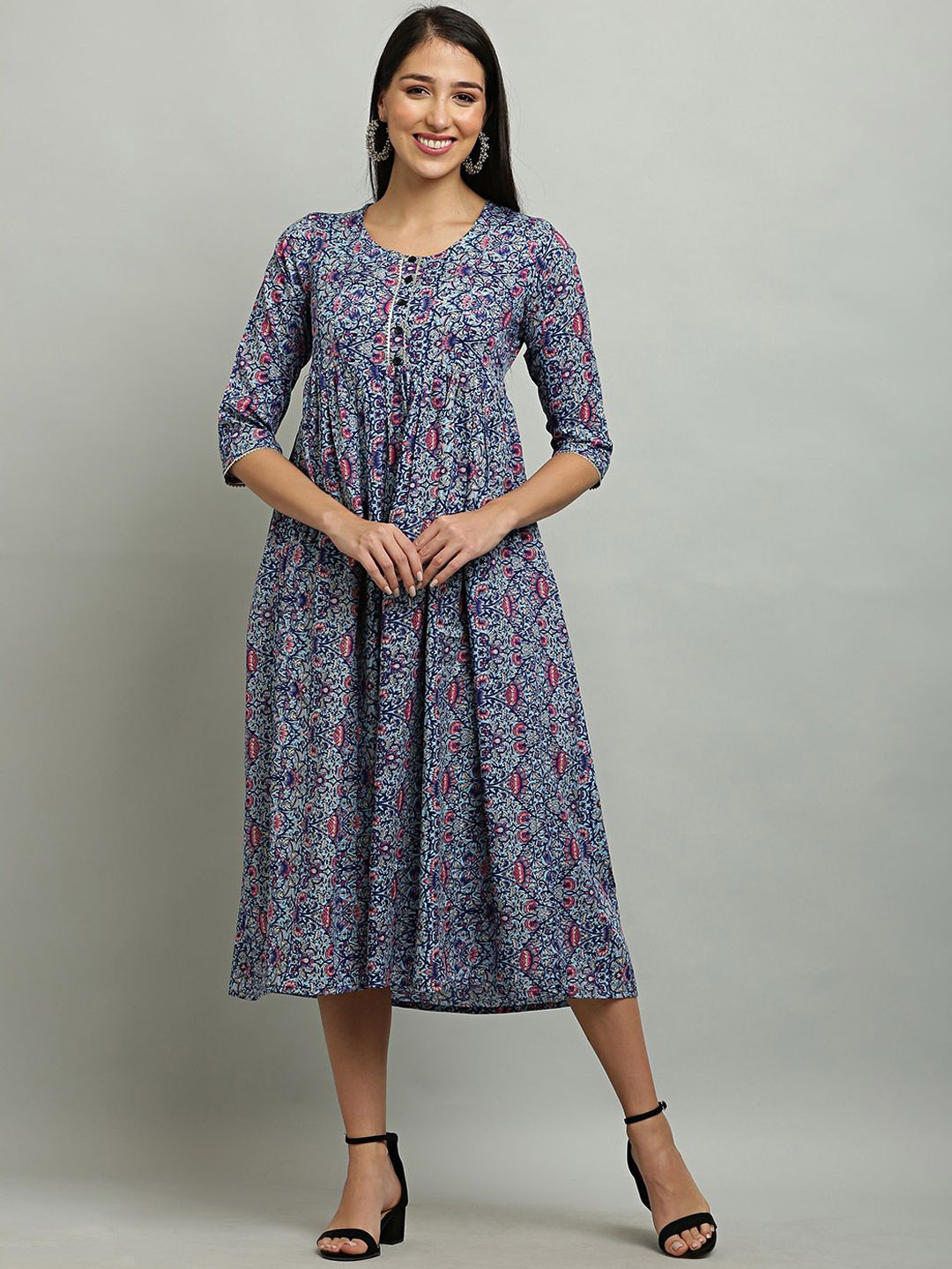 

DEGE Floral Printed Round Neck Ethnic Anarkali Kurta, Blue