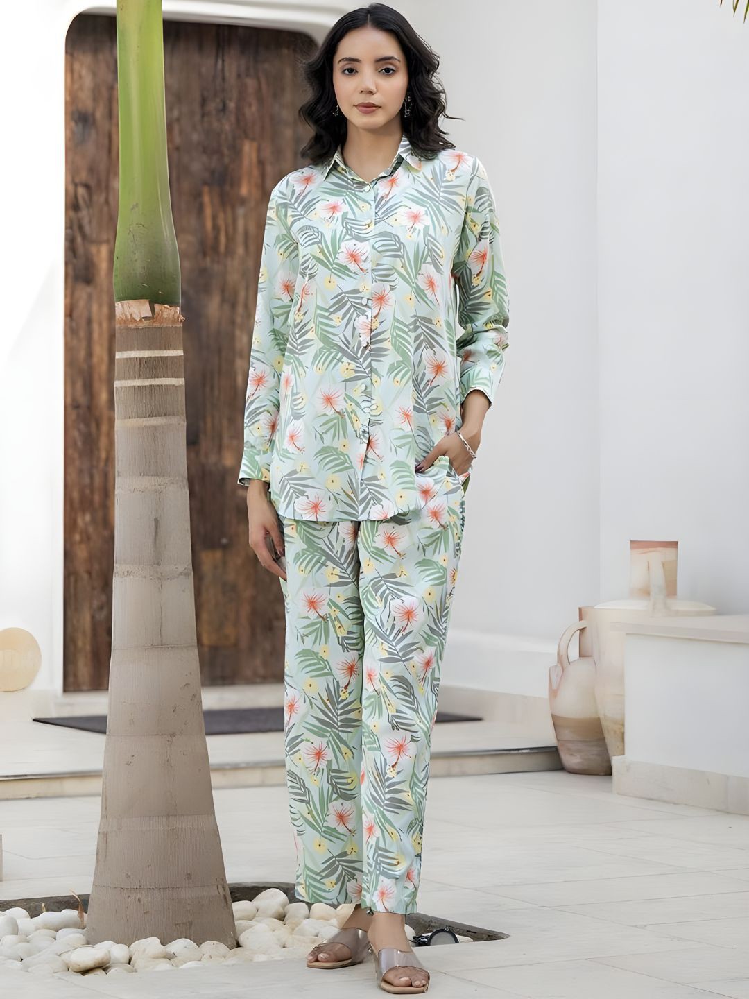 

Jade & Julie Printed Pure Cotton Shirt Collar Shirt With Trousers Co-Ords, Green