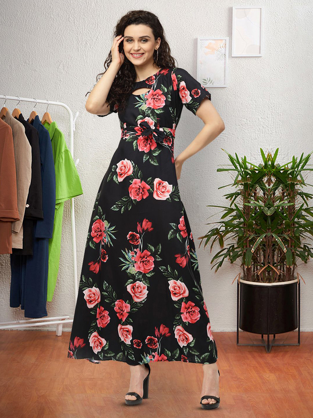 

Moda Rapido Floral Print Keyhole Neck Applique Fit & Flare Dress, Black