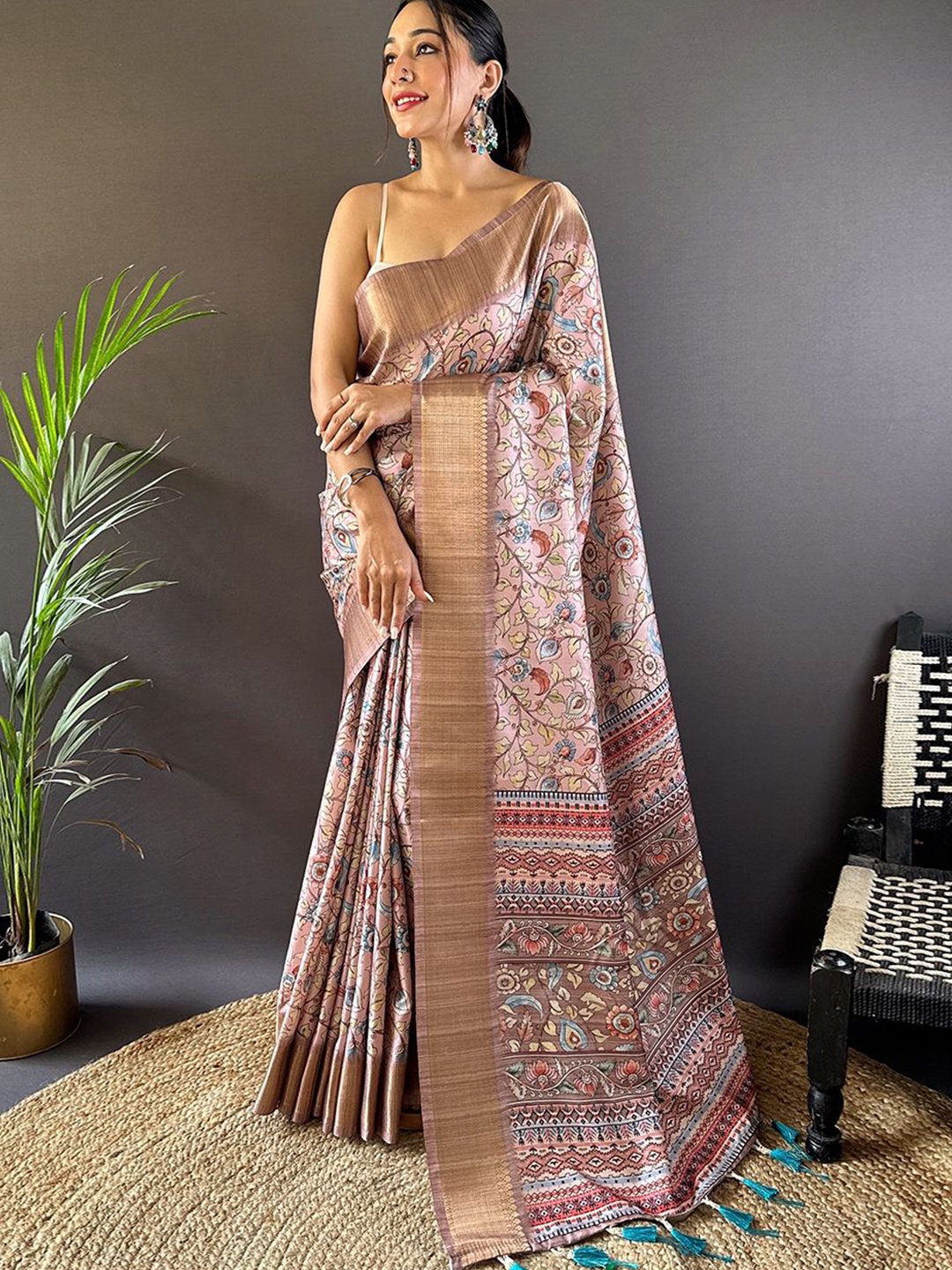 

all about you Floral Zari Silk Cotton Tussar Saree, Pink