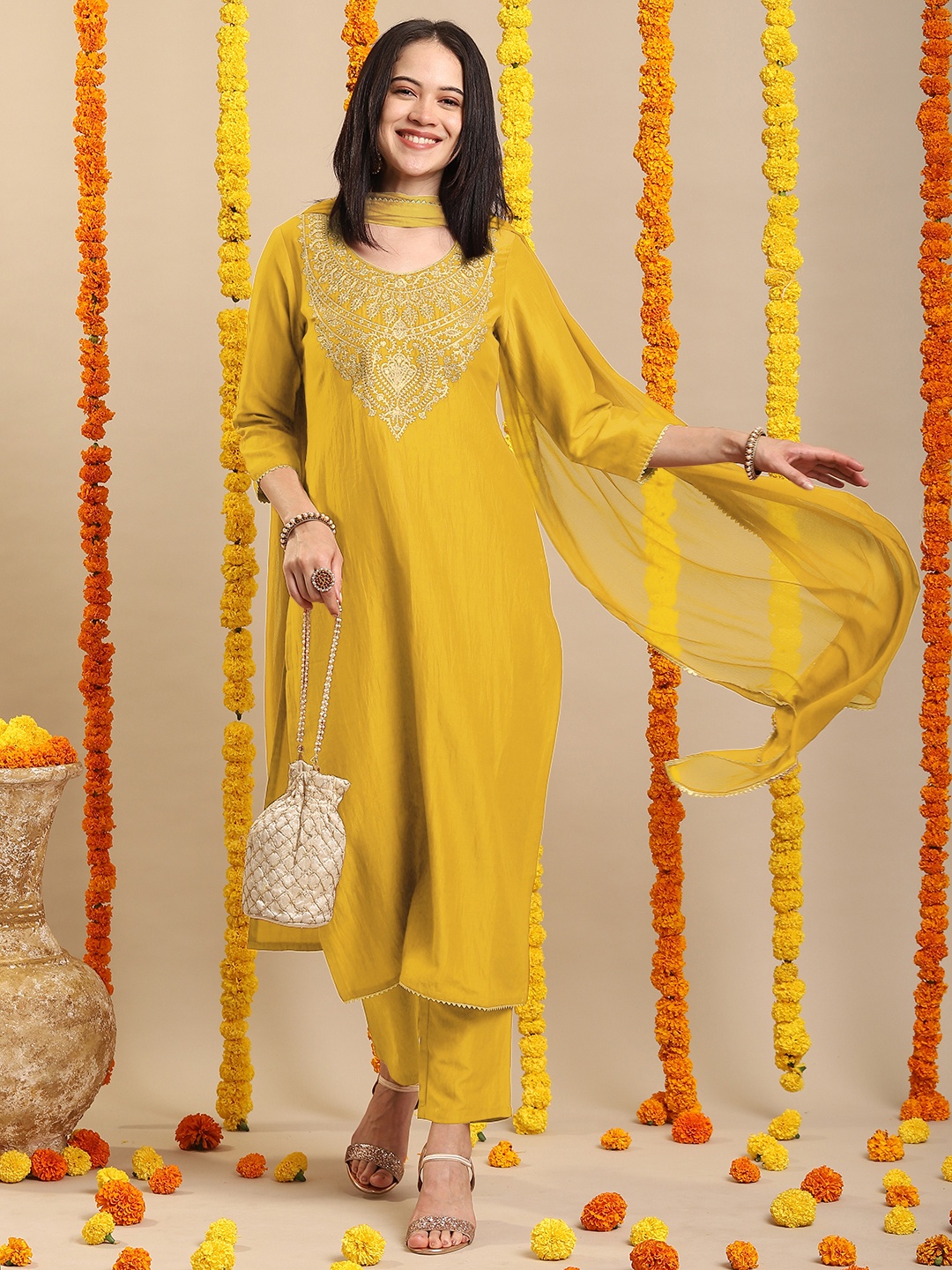 

Anni Designer Women Embroidered Regular Kurta with Trousers & With Dupatta, Yellow