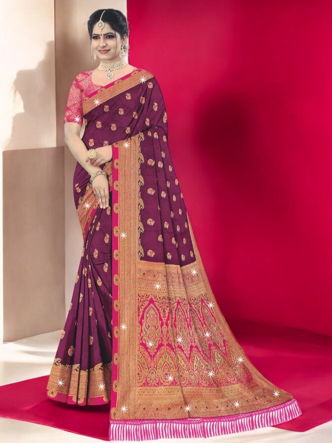 

SHOPPKEE Woven Design Zari Silk Blend Banarasi Saree, Purple