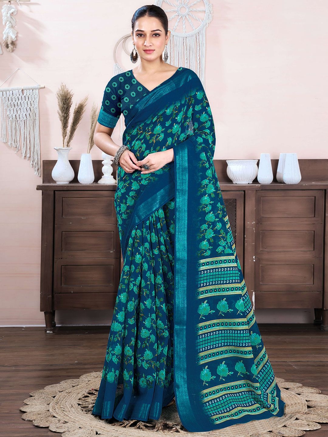 

KALINI Floral Zari Saree, Blue