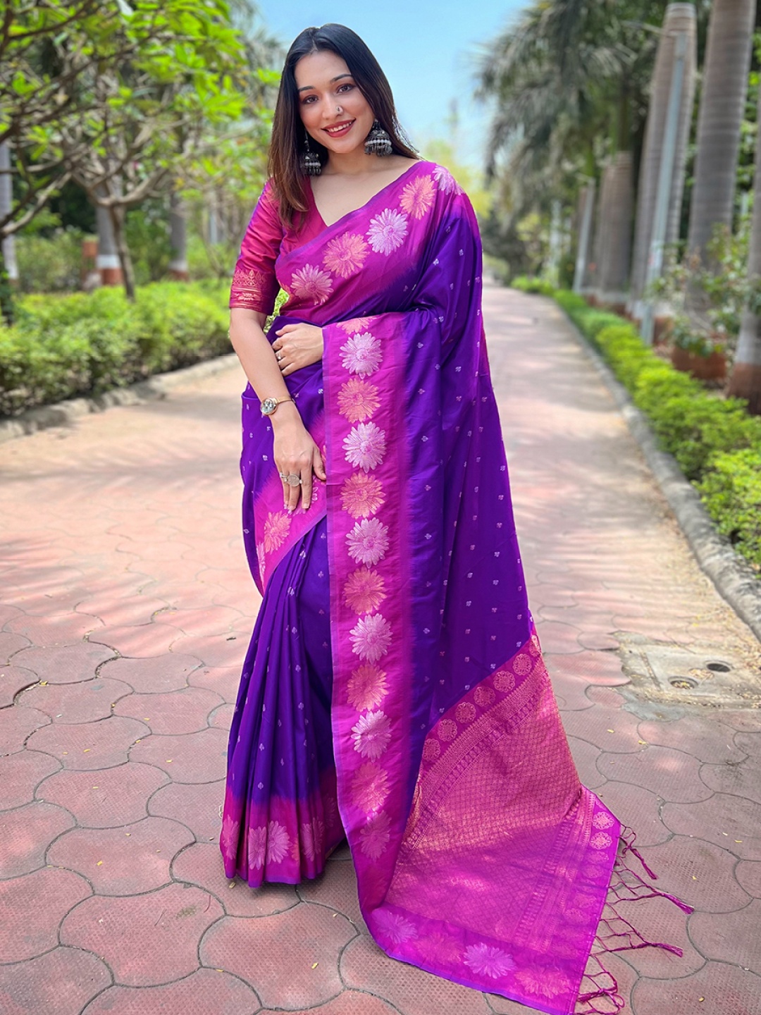 

all about you Woven Design Silk Blend Banarasi Saree, Purple