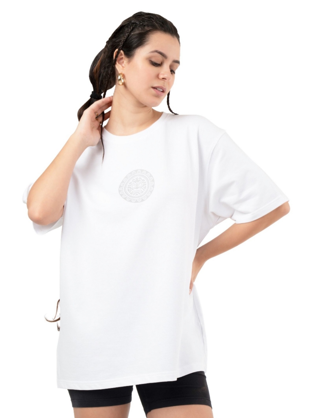 

RHINO CULT Women Printed Extended Sleeves Raw Edge T-shirt, White