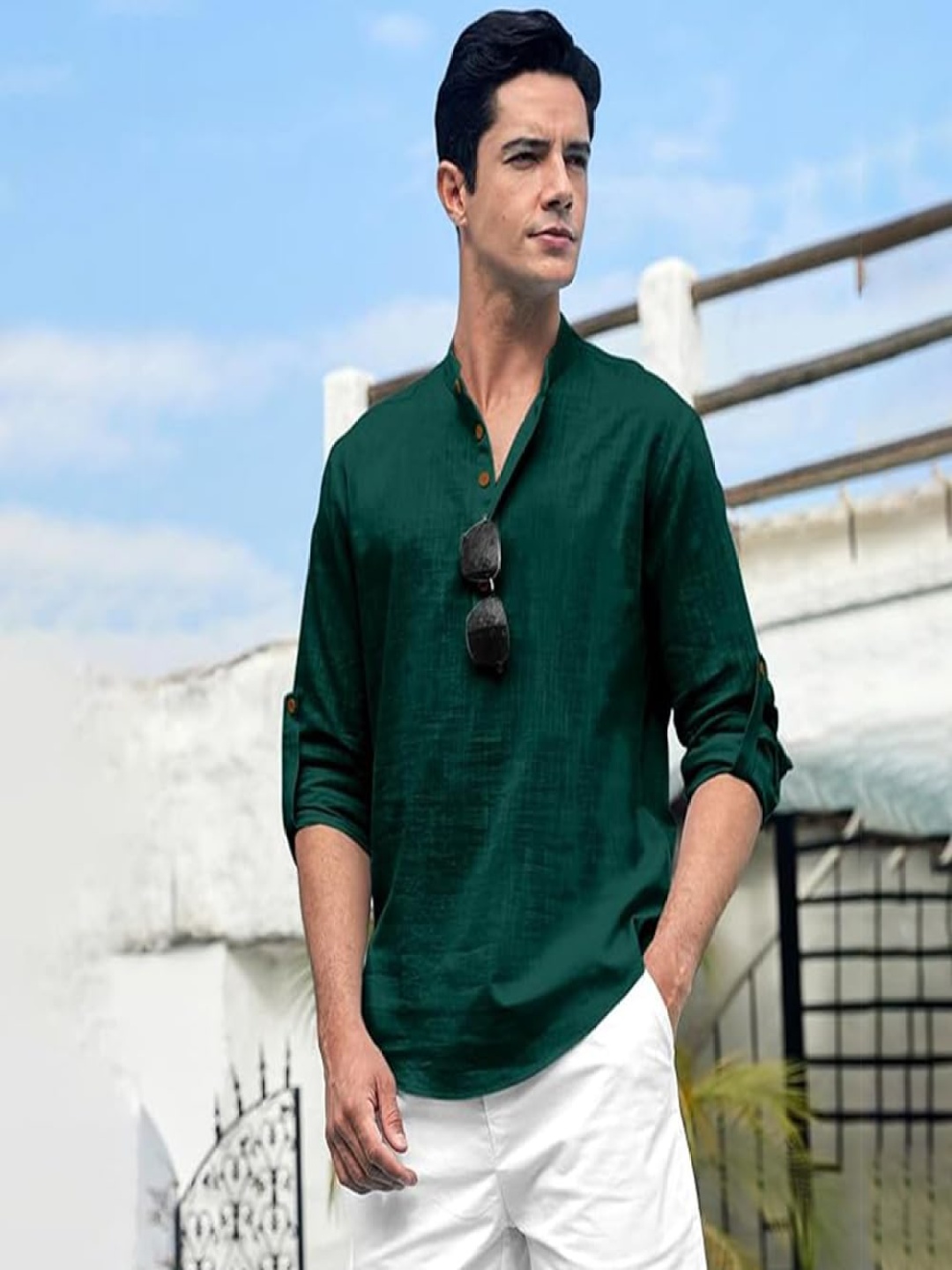 

EdinWolf Pure Cotton Band Collar Roll-Up Sleeves Short Kurta, Green