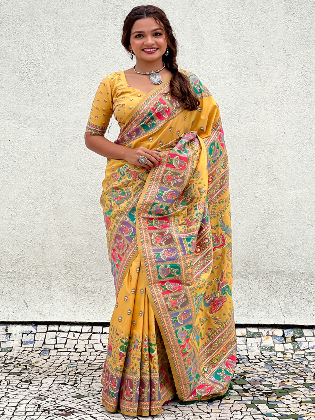 

all about you Woven Design Silk Blend Saree, Yellow