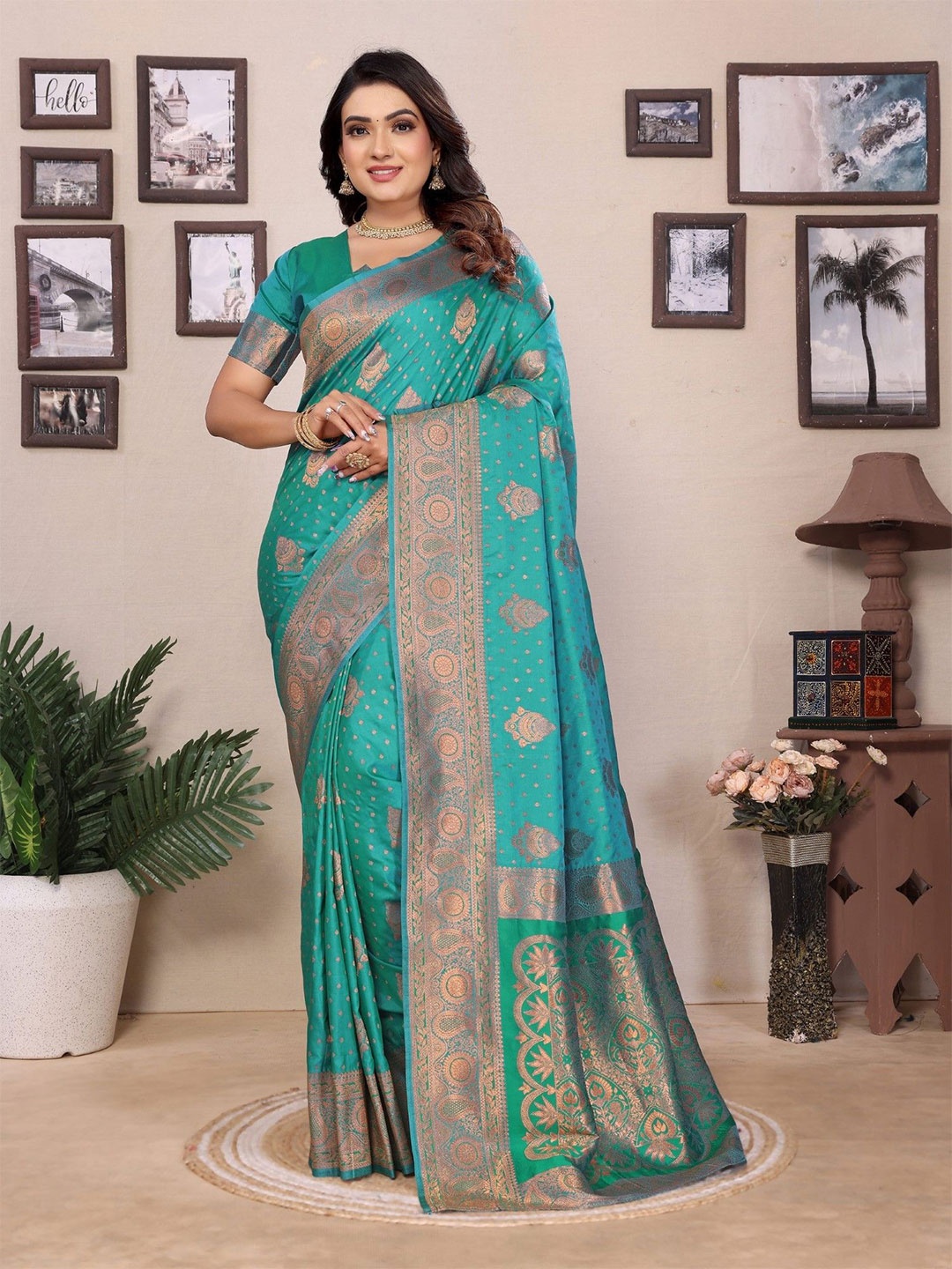 

Mitera Woven Design Zari Silk Blend Banarasi Saree, Teal
