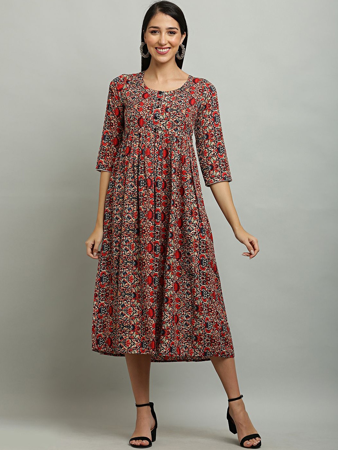 

EZIS FASHION Ethnic Motifs Printed Midi Ethnic Dress, Red