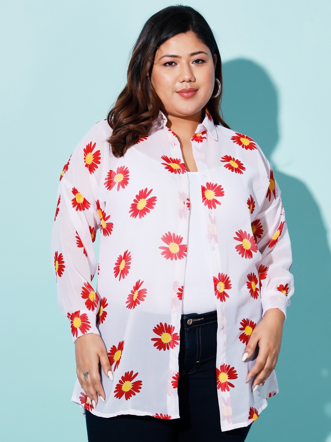 

DIMPY GARMENTS Women Comfort Boxy Floral Semi Sheer Printed Casual Shirt, Red