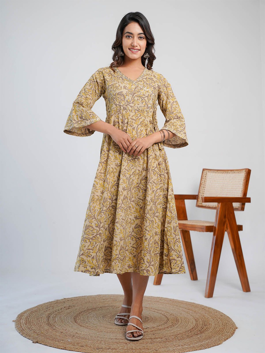 

GOODHAND Floral Printed A-Line Midi Ethnic Dress, Brown