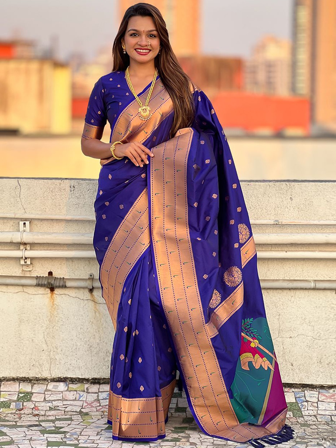 

all about you Woven Design Zari Silk Blend Paithani Saree, Violet