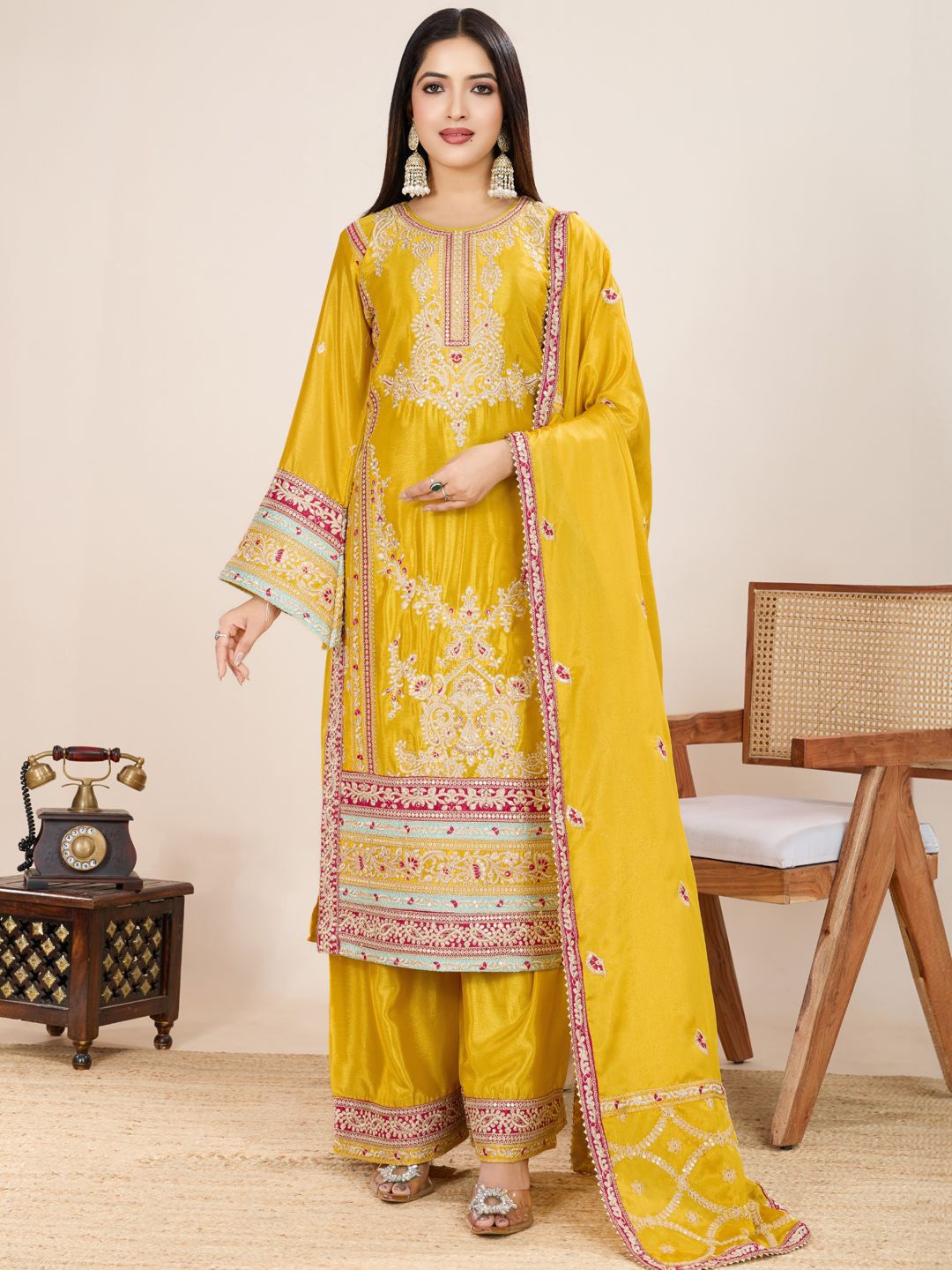 

AKSHARAM Women Floral Embroidered Regular Sequinned Kurta with Palazzos & With Dupatta, Mustard