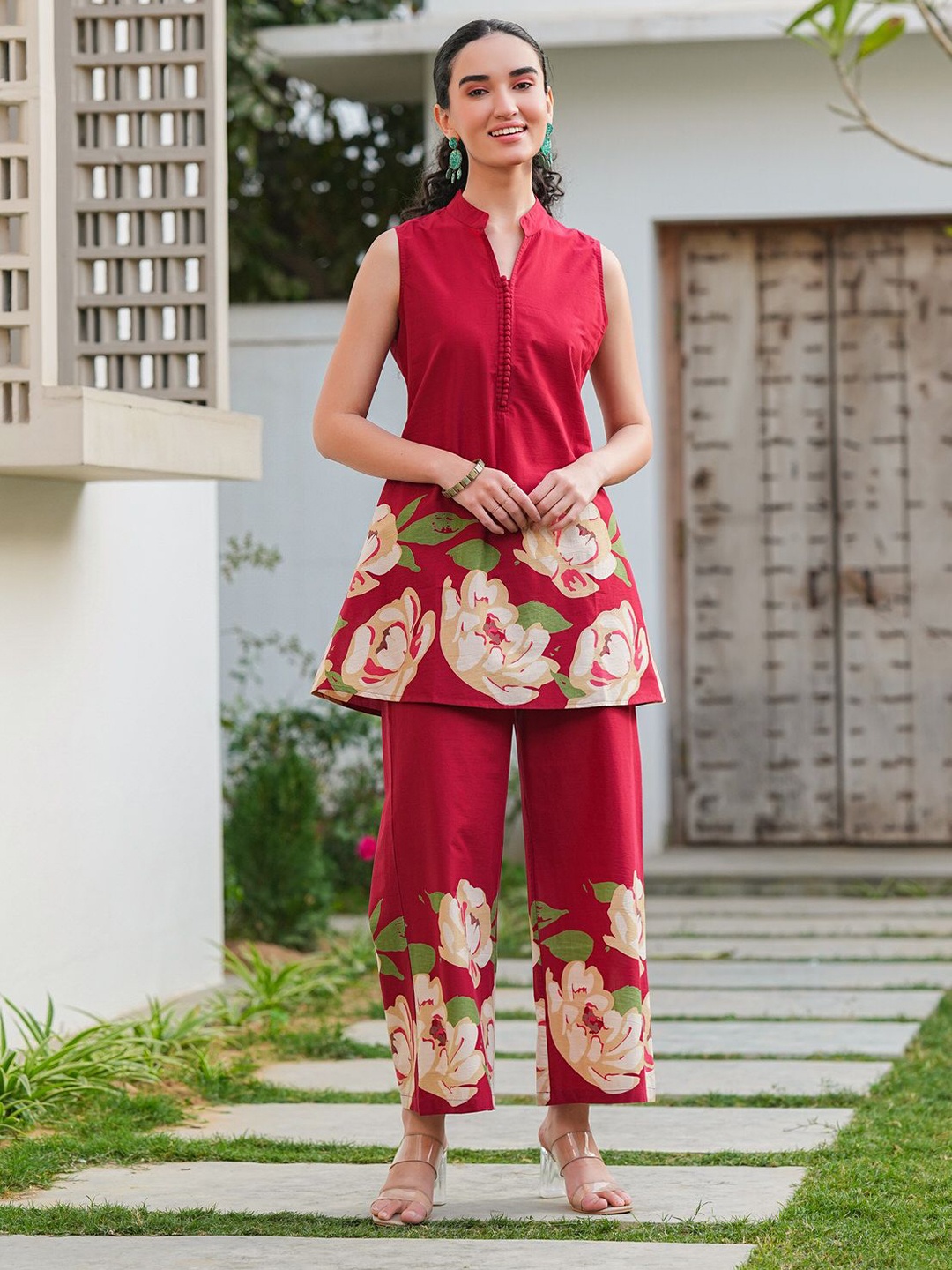 

JISORA Women's Red Printed Cotton Co-ord Set