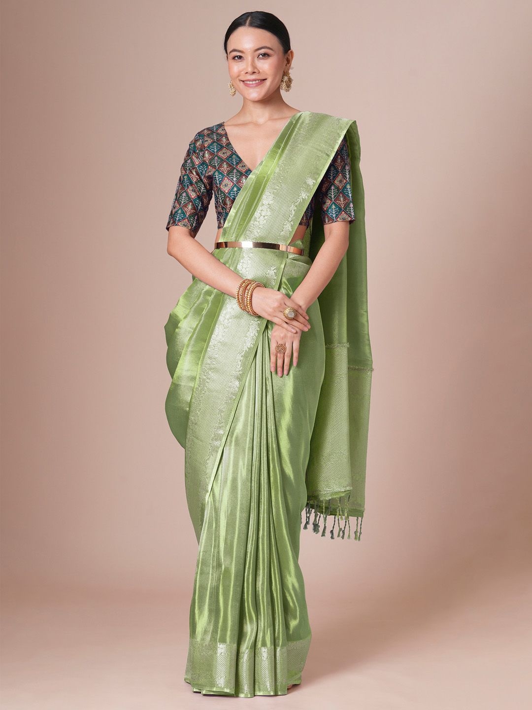 

House of Pataudi Woven Design Festive Saree With Matching Blouse, Green