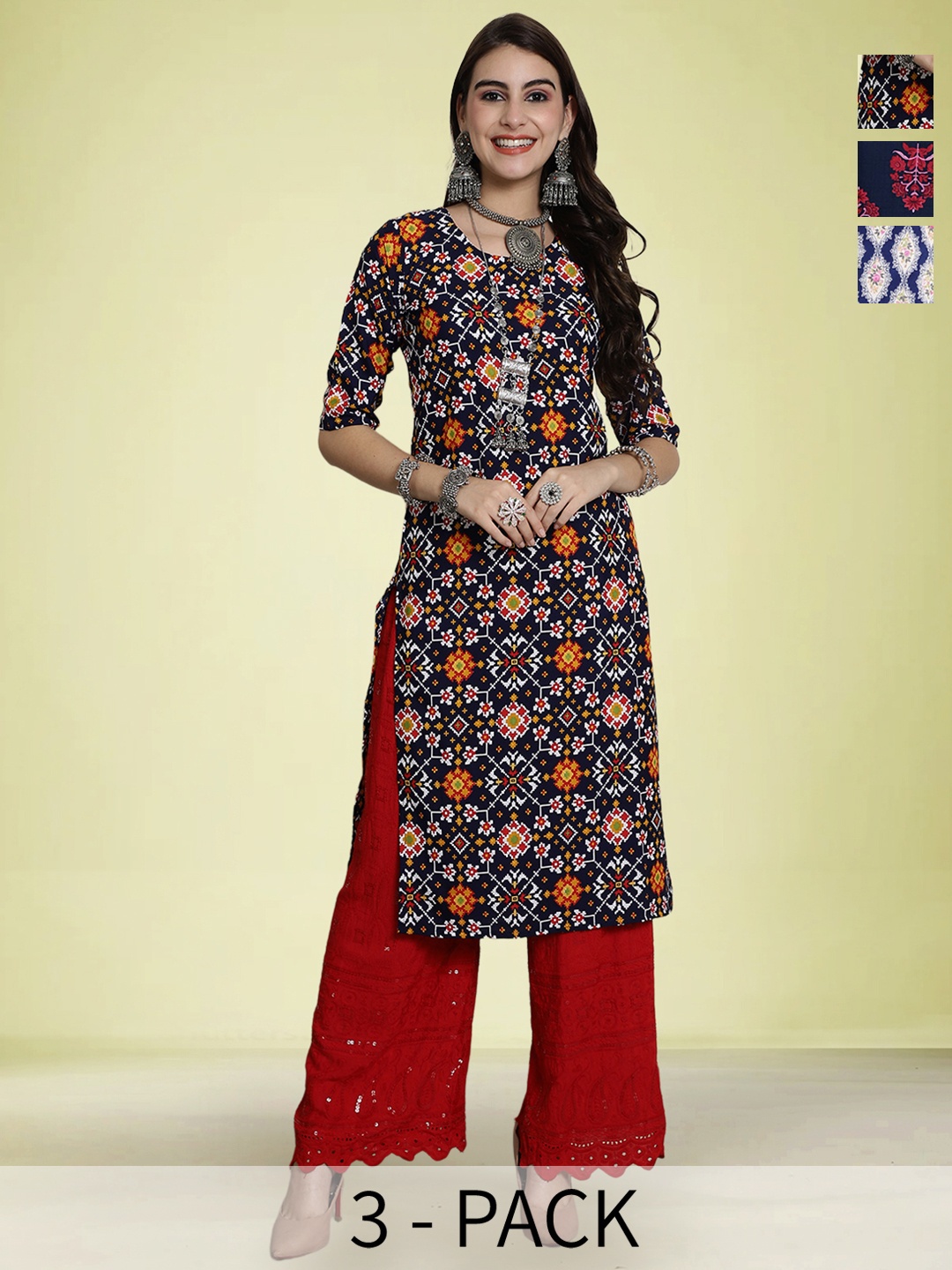 

Moda Rapido Selection Of 3 Geometric Printed Round Neck Straight Kurtas, Green