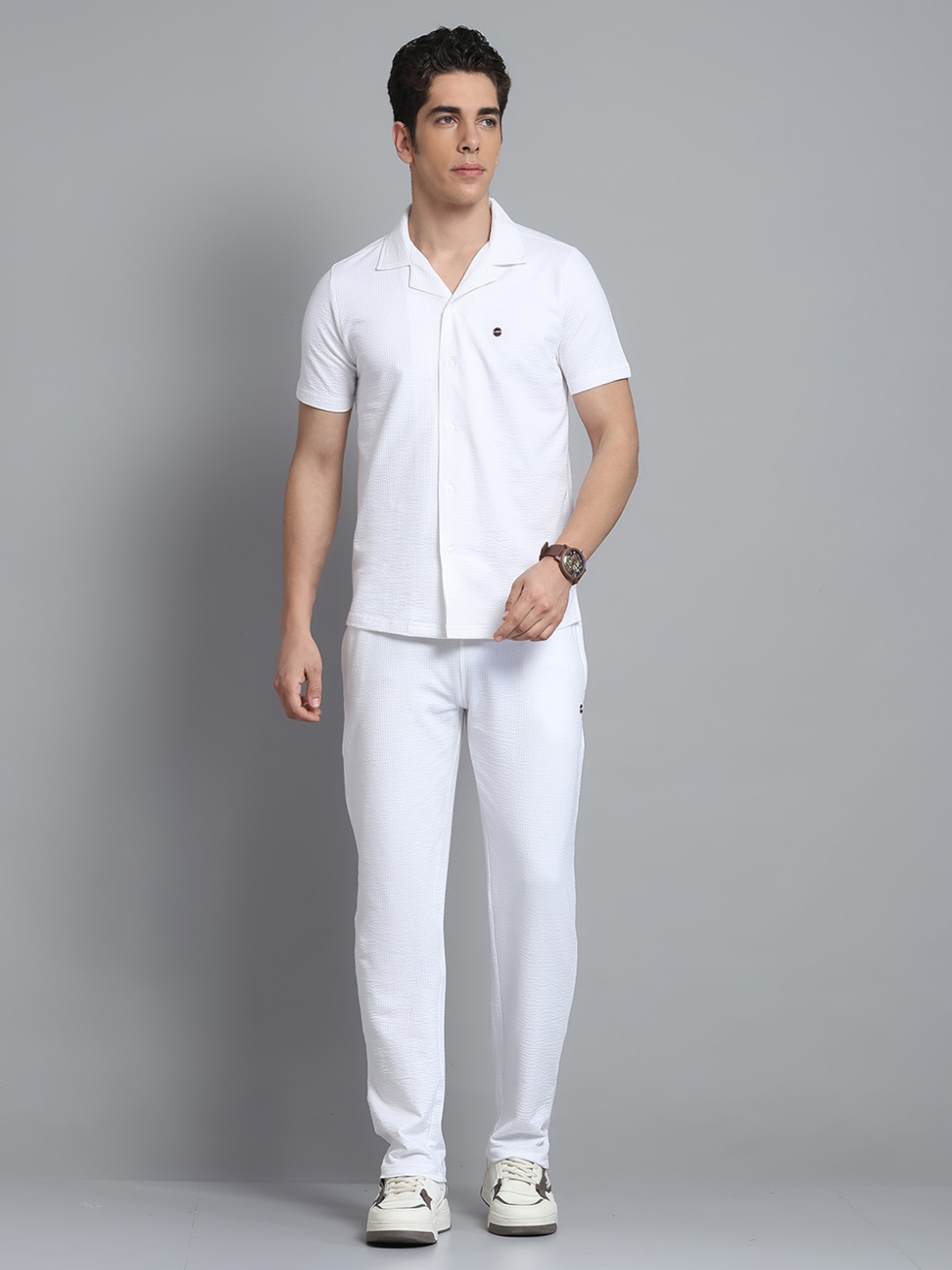 

Monte Carlo Self Design Lapel Collar Neck Shirt With Trousers Co-Ords, White