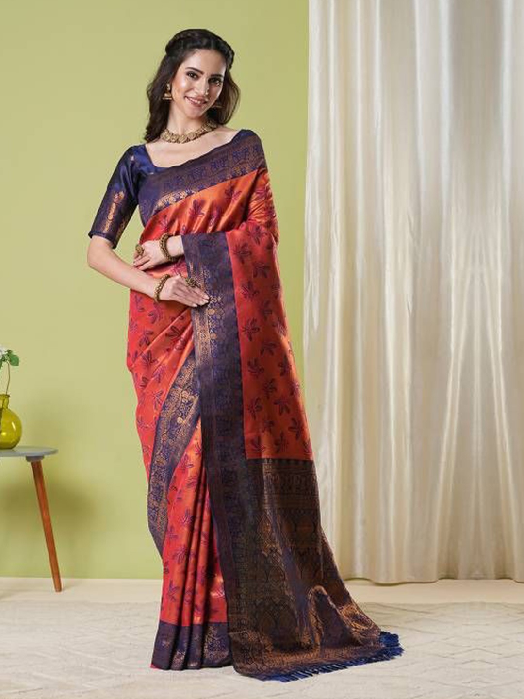 

HERE&NOW Woven Design Zari Art Silk Banarasi Saree, Orange