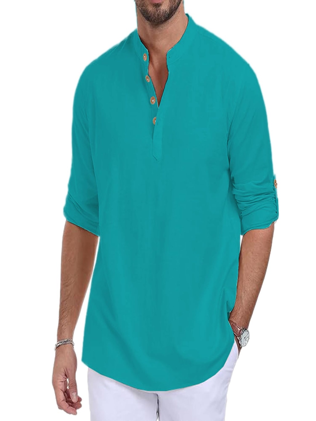 

EdinWolf Slim Fit Mandarin Collar Cotton Straight Short Kurta, Turquoise blue