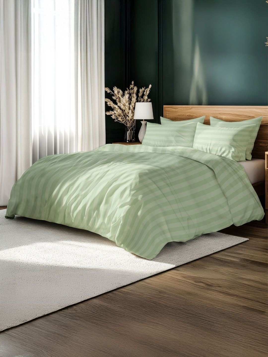 

LANE LINEN Olive Green Striped King Bedsheet with 2 Pillow Covers
