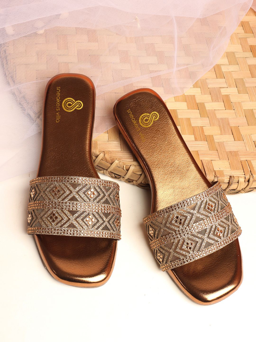 

sneakers villa Women Embellished Open Toe Flats, Copper