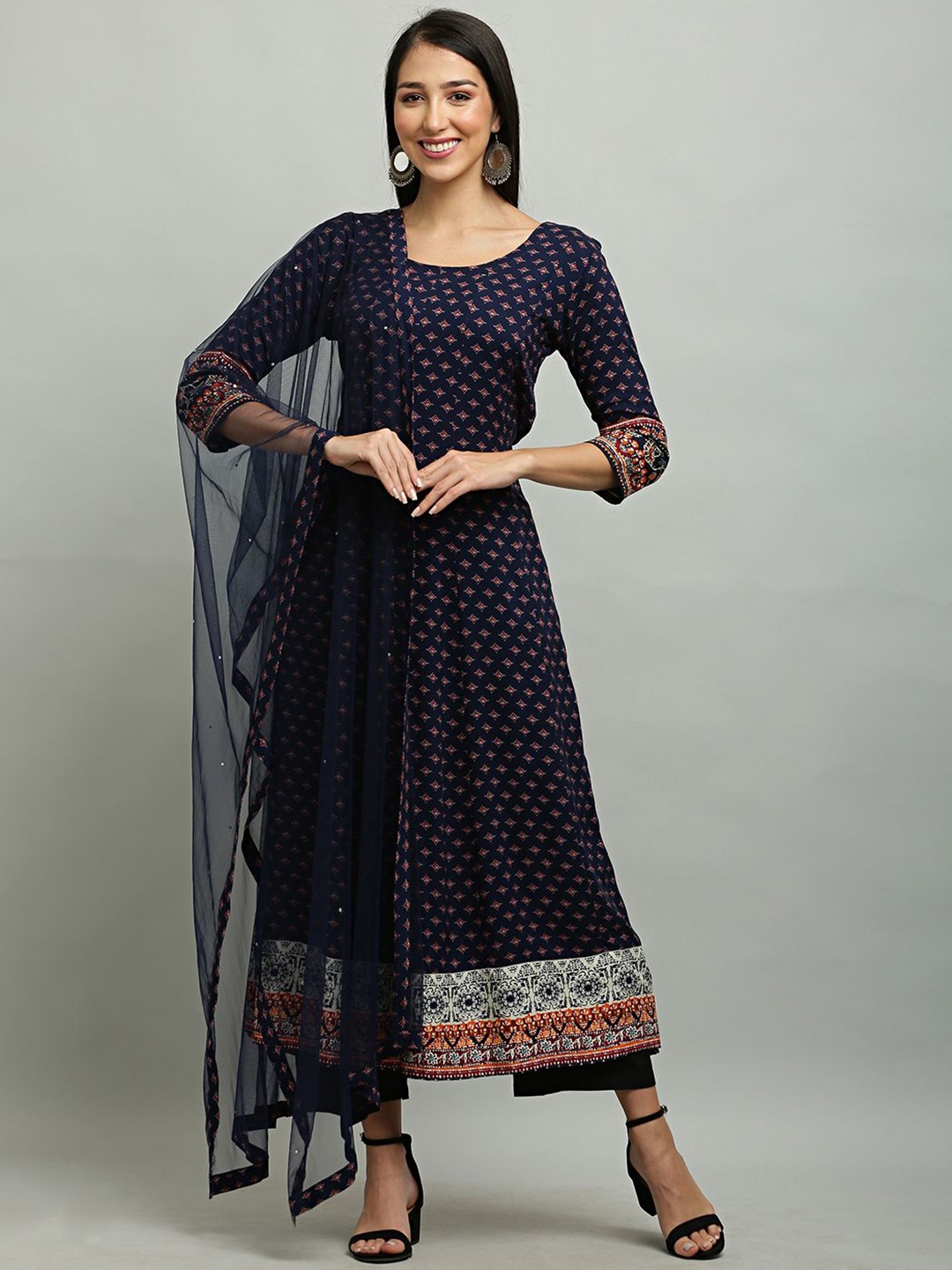 

EZIS FASHION Floral Printed Round Neck Ethnic Anarkali Kurta, Navy blue
