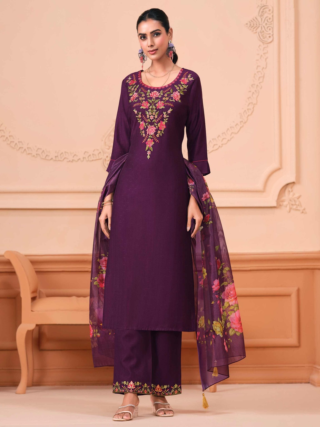 

MOJILAA Women Zarkan Embroidered Straight Kurta with Palazzo & Printed Dupatta, Purple